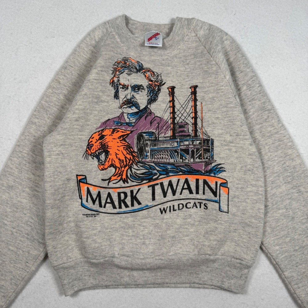 Vintage 80s Mark Twain Wildcats Sweatshirt Gray Kids Medium 10-12 Made in USA